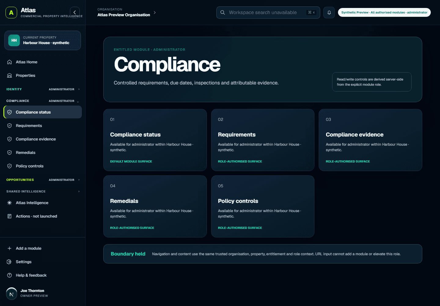 The working Property Compliance module using fictional demonstration records